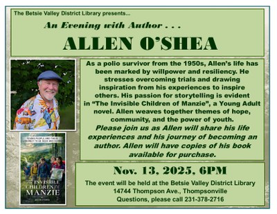 Program Flyer for Author Allen O'Shea with a picture of the author in a cap and also with a picture of his young adult fiction book