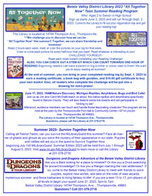 Betsie Valley District Library All Together Now 2023 Summer Teen Reading Program and Events flyer