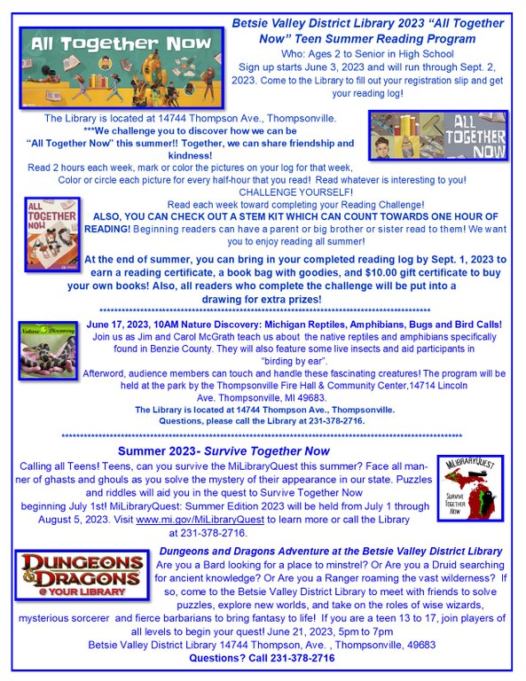 Betsie Valley District Library All Together Now 2023 Teen Summer Reading Program flyer