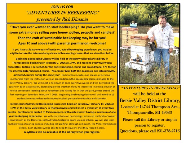 Beekeeping Class Flyer with a picture of instructor Rick Dimanin wearing a protective coat standing by a beehime.