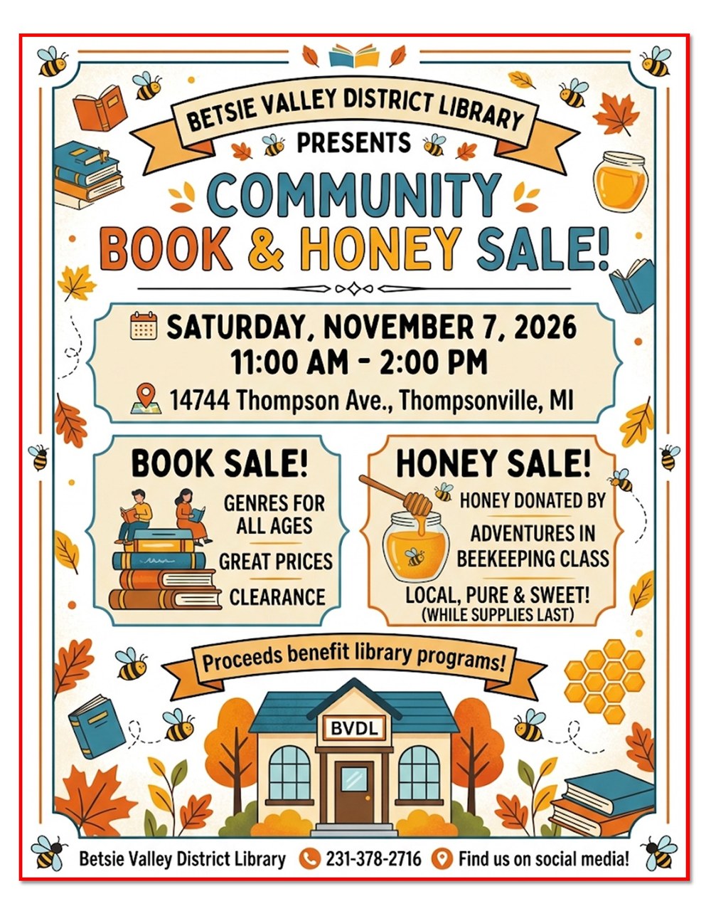 Community Book and Honey Sale Flyer