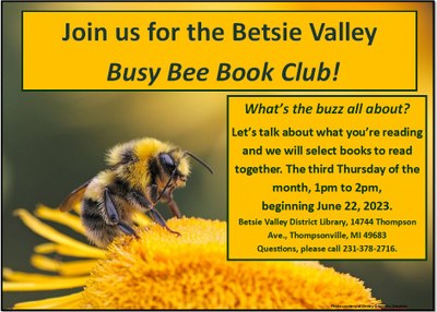 Book Club Program flyer with a picture of a bee on a yellow flyer