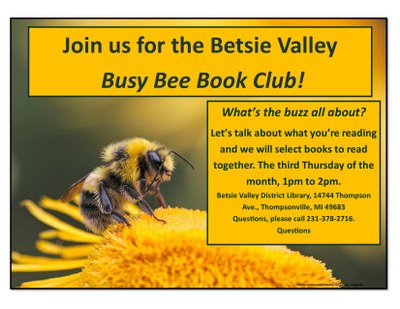 Busy Bee Book Club event flyer with a picture of a bee sitting on a yellow flower.