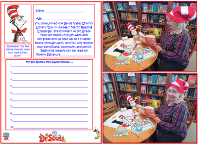 Cat in the Hat Reading Challenge flyer showing a librarian reading with stuffed animals