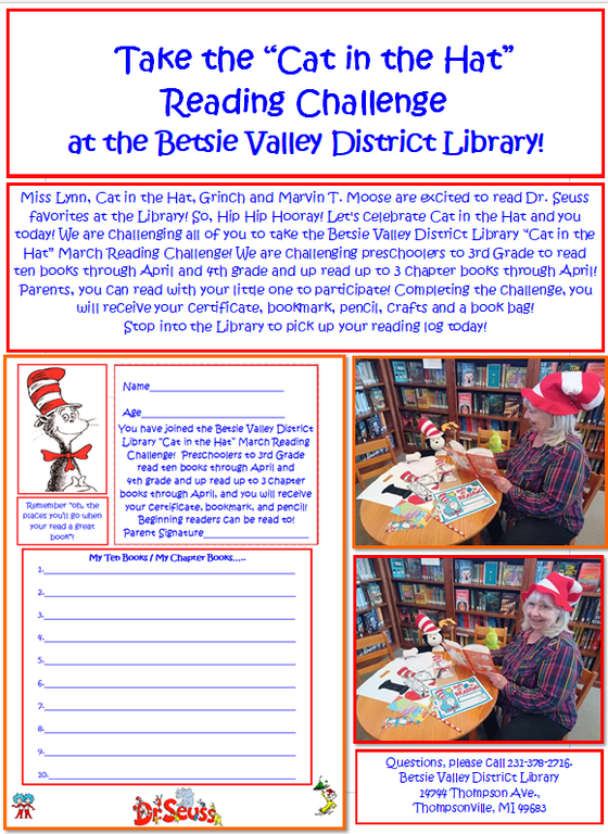 Betsie Valley District Library Cat in the Hat Reading Challenge with two pictures of Lynn Ufer reading to stuffed animals as well as a illustration of Cat in the Hat with a reading log.