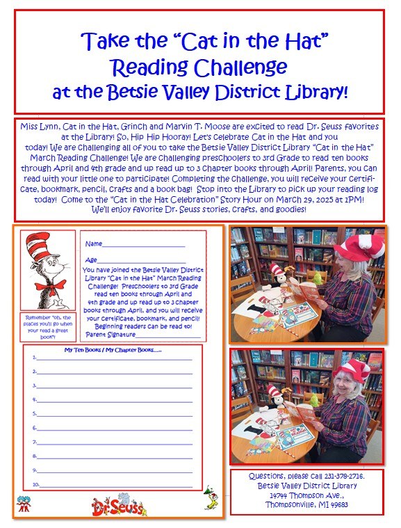 Cat in the Hat Reading Challenge and Story Hour flyer with a picture of Librarian Assistant Lynn Ufer seated at a table with stuffed animals and books