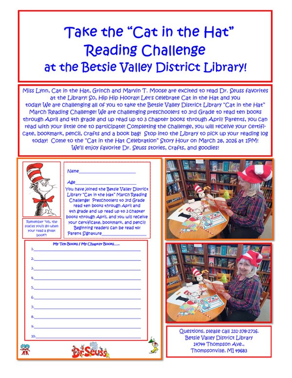 catinthehatreadinglog2026.jpg Cat in the Hat Reading Challenge program and log with a picture of Lynn Ufer sitting the children's table with the program's prizes