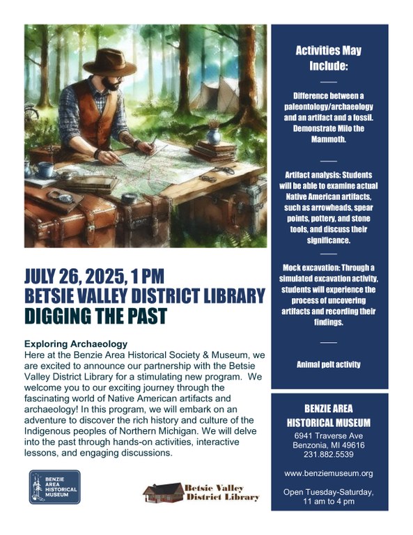 Digging the Past program flyer with a picture of a scientist studying maps and artifacts while camping in the forest