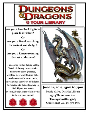 Dungeons and Dragons program flyer which includes a picture of a sliver dragon and three red D & D playing dice