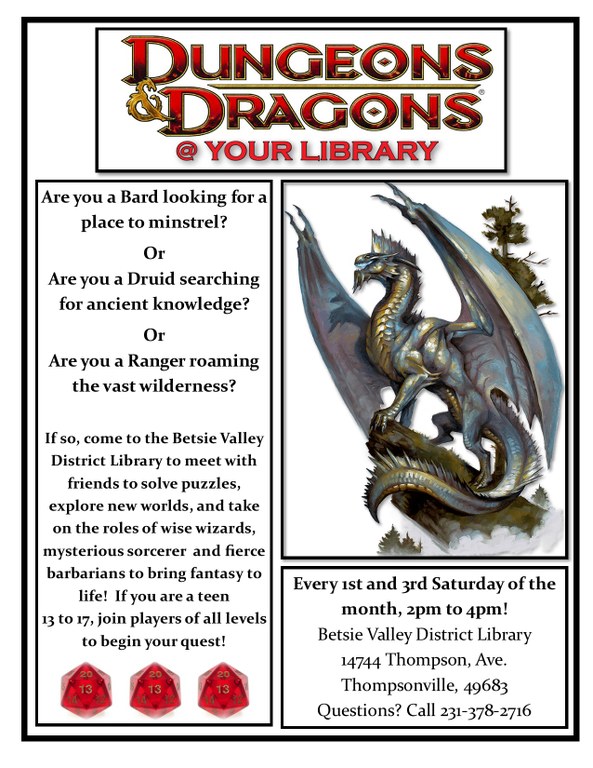 Dungeons and Dragons program flyer with a picture of a silver dragon and three red dice