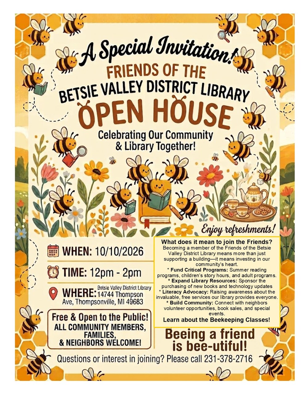 Friends of the BVDL Open House Friends of the BVDL Open House flyer with illustrations of bee with books