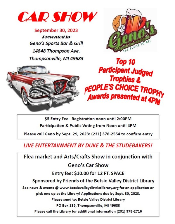 Geno's Sports Bar and Grill Car Show and BVDL Friends' Craft Show flyer with a picture of a red classic car