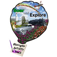 Michigan Activity Pass Logo Soar and Explore featuring a car traveling in a field of tulips pictured with a windmill, locomotive, and plane in the sky