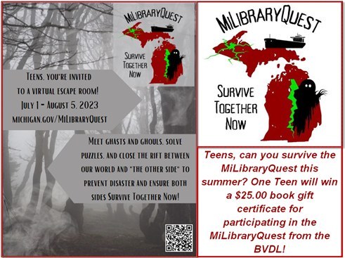 MiLibraryQuest Survive Together Now Teen Program flyer with pictures of  the State of Michigan with silhouettes of a tanker ship and a ghost