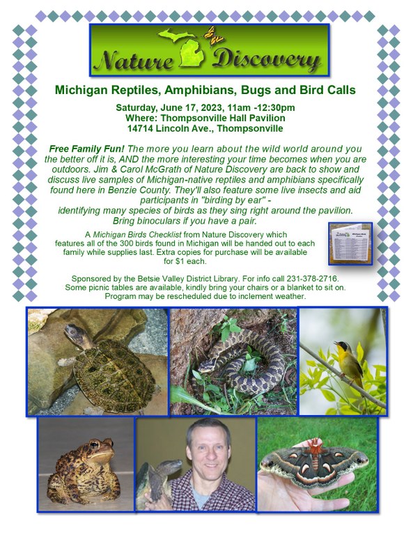 Nature Discover Program Flyer with pictures of a turtle, snake, bird, frog and of Presenter Jim McGrath holding a turtle and of a moth