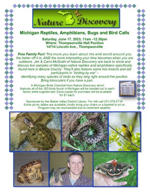 Jim McGrath's Nature Discovery Program flyer for the Library which has pictures of a turtle, snake, bird, frog, Jim holding a turtle, and a moth resting on a human hand
