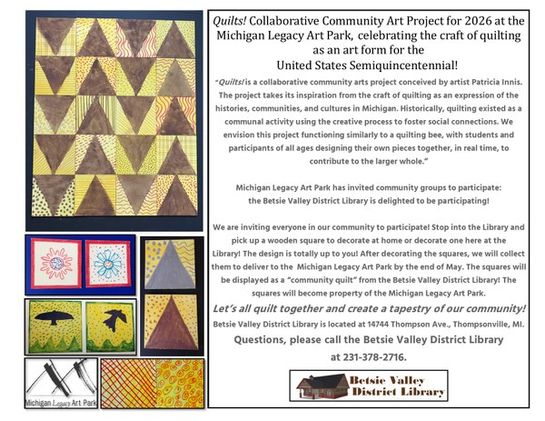 Decorating a Quilting Square for the Quilts! Collaborative Art Project for 2026 program flyer with pictures of quilt squares with different designs