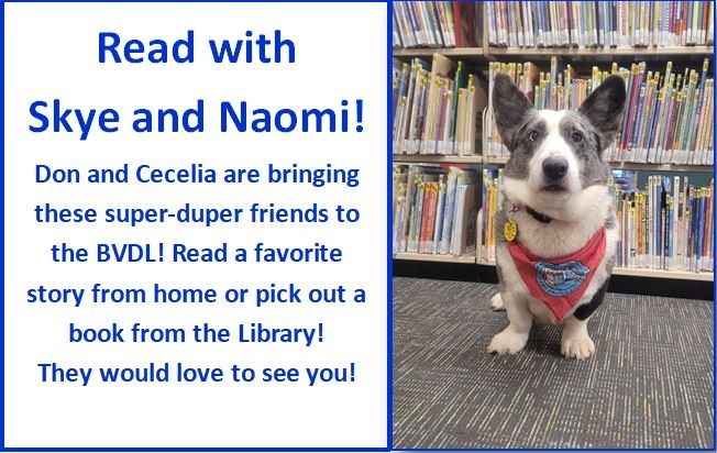 Reading with Therapy Dogs Program flyer with a picture of a Welsch Corgi seated in front of a bookshelf with books