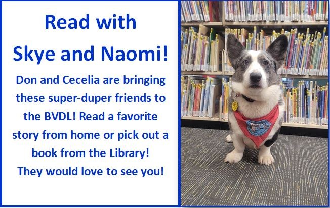 Reading with Skye Event flyer with picture of Welsh Corgi Skye sitting in front of book shelves.