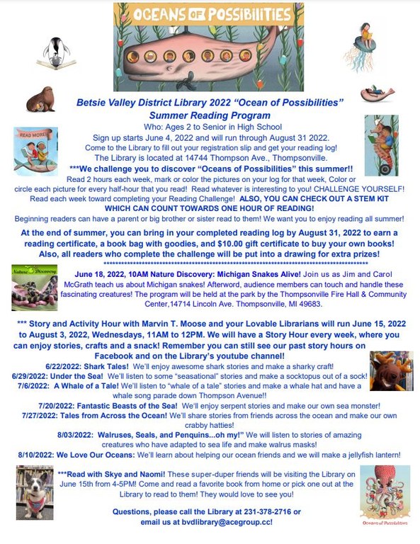 BVDL Oceans of Possibilities 2022Children's Summer Reading Program and Story Hour Flyer