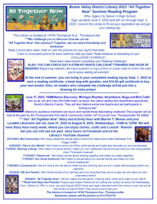 Betsie Valley District Library 2023 All Together Now Children's Summer Reading and Story Hour Program flyer