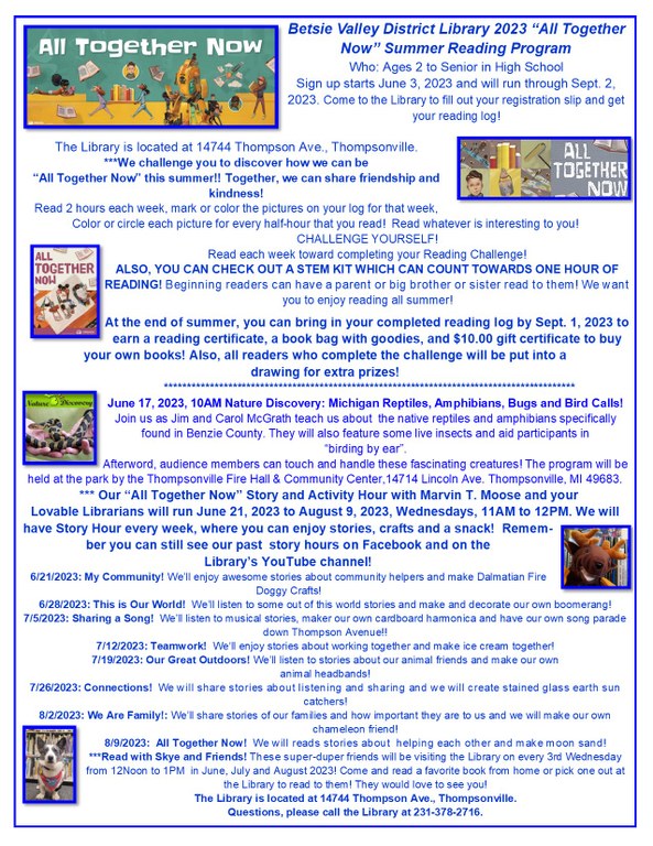Betsie Valley District Library All Together Now 2023 Summer Reading Program flyer