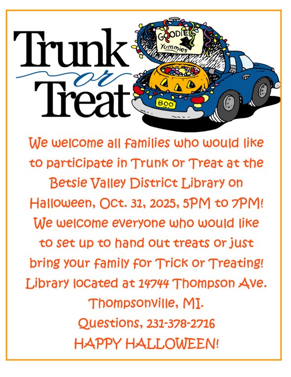 BVDL Trunk or Treat flyer with a picture of a jack-o-lantern inside a decorated car trunk