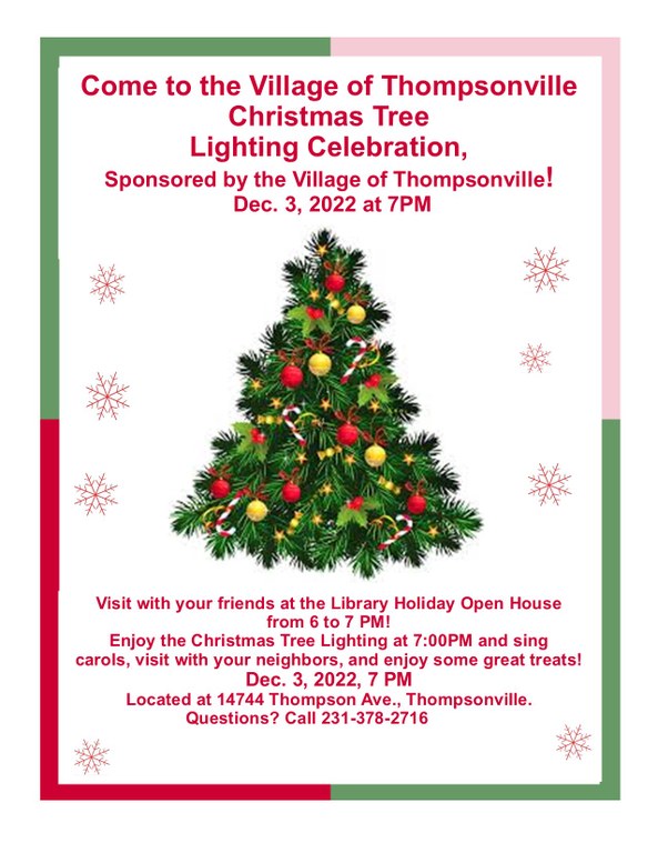 Village of Thompsonville Christmas Tree Lighting program flyer with a picture of a Christmas tree with lights