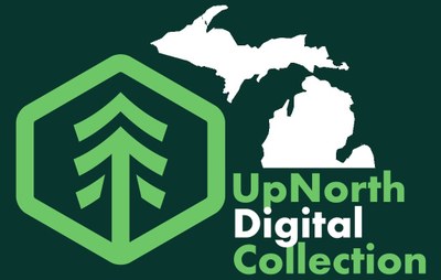 Up North Digital Icon showing an illustration of a pine tree and the state of Michigan in white